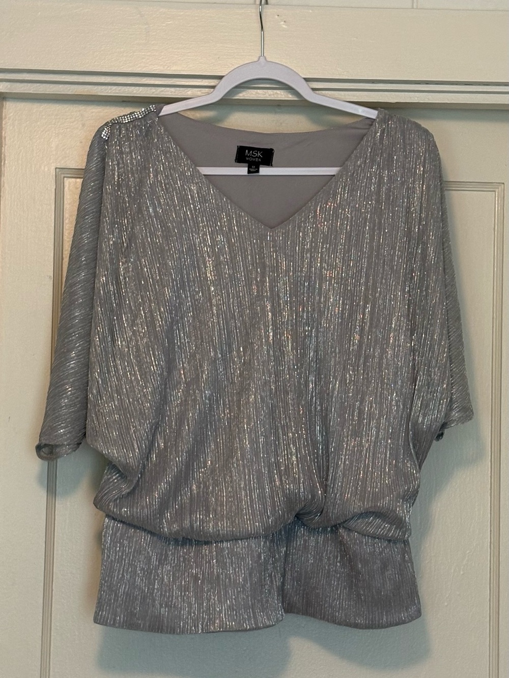 MSK Silver Metallic V-Neck Pleated Blouse